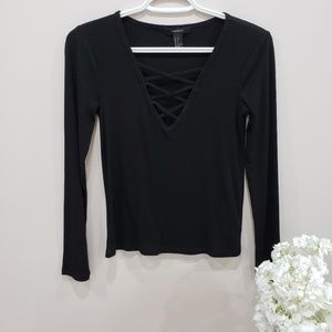 Lattice work neck top in black